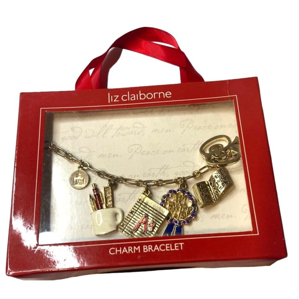 Teacher charm bracelet apple books paper cup pencils NIB Claiborne boho cute